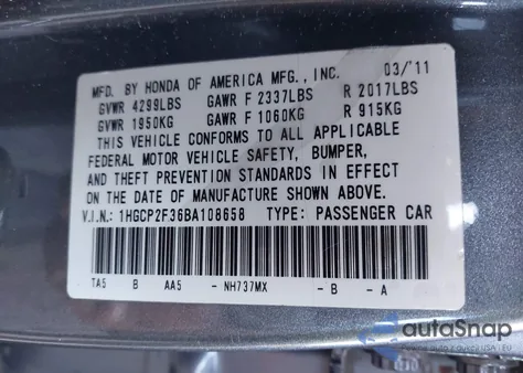 2011 Honda Accord 2.4 Lx from USA, damaged, VIN 1HGCP2F36BA108658